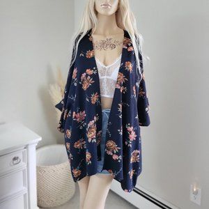 Blue floral bohemian kimono cover up open cardigan festival